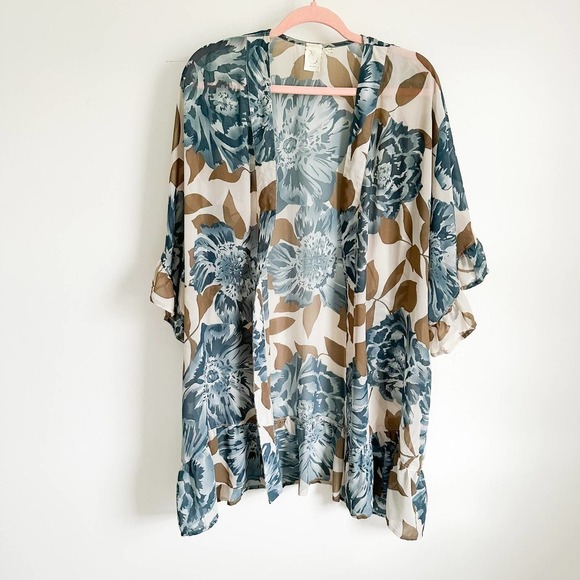 Anthropologie E by Eloise Blue Cream Floral Ruffle Trim Sheer Kimono Robe XS S - Picture 1 of 13